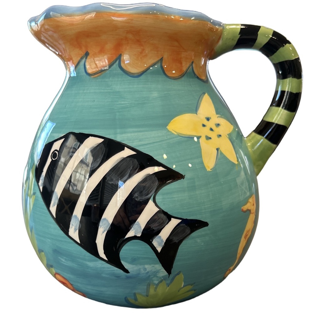 Hausenware Ceramic Fish Under The Sea  Pitcher Vase Hand Painted Ocean Theme